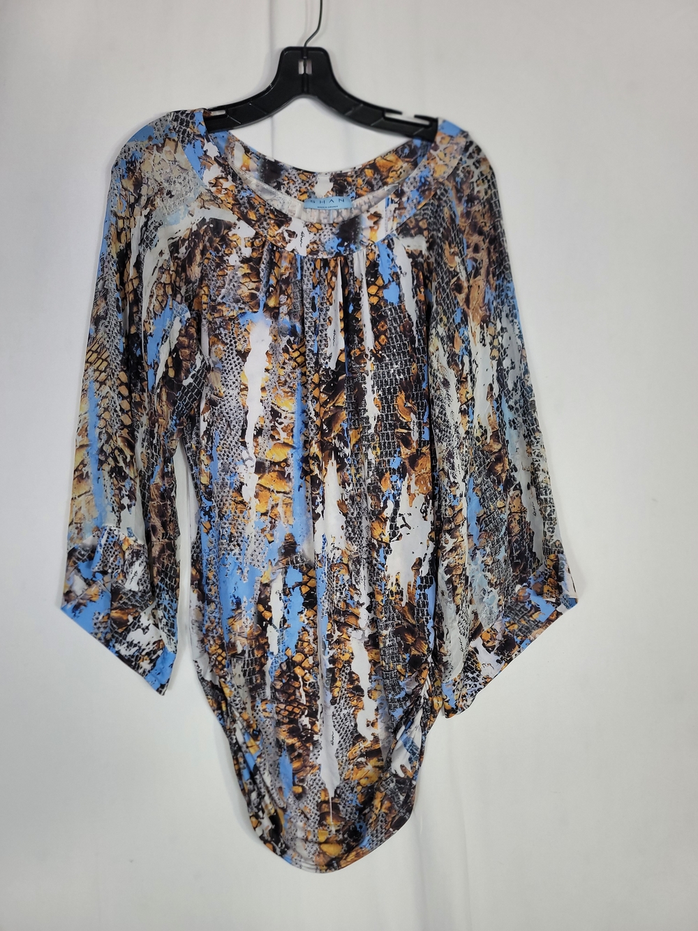 SHAN Blue and Brown Abstract Printed Swim Coverup bell sleeves